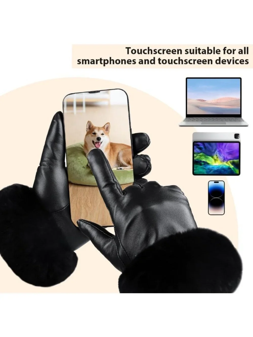 Warm Winter Leather Gloves for Women | Touchscreen, Rabbit Fur Cuff, Black